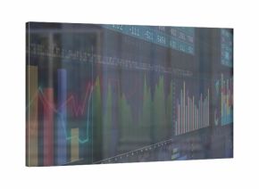 Showing bar, line and pie charts on glass panel in trading office, with scrolling ticker values