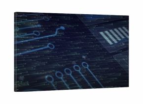 Displaying glowing circuit pathways and nodes over grid lines, binary streaks and bar-chart overlay