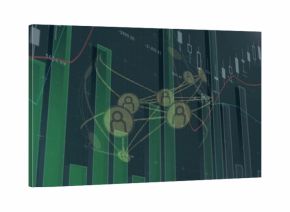 Displaying yellow user icons connecting with glowing lines on financial dashboard, green bar charts