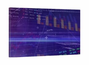 Displaying financial dashboard showing bar charts and line graphs over binary code with light beams