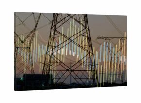 Electrical infrastructure standing at power site at dusk, with bar chart and line graph graphics