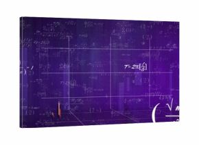 Displaying purple graphic showing receding 3D grid in virtual space, with formulas and bar chart