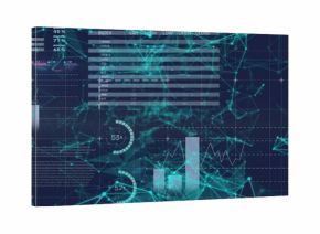 Displaying visualization on blue interface, with network mesh, bar charts, gauges and index table
