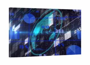 Displaying transparent 3D globe on analytics dashboard, with binary stream and bar and pie charts