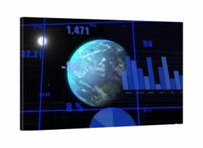 Displaying 3D digital globe glowing on interface, with vertical bar chart and numeric overlays