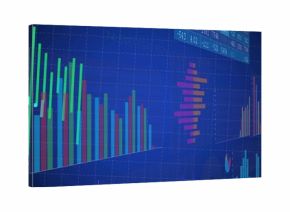 Trading dashboard displaying chart in software, with vertical bar charts, trend line and data table