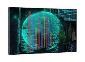 Floating 3D wireframe globe rotating in virtual grid plane, with bar charts and interface panels