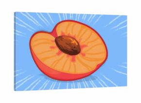 Floating halved peach revealing yellow flesh with pit against graphic blue backdrop with white rays