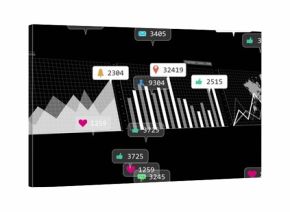 Displaying analytics dashboard in dark UI, with area and bar charts, world map, notification icons