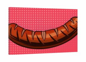 Showcasing stylized grilled sausage arching on red dotted backdrop, pop art comic style
