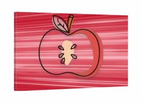 Showing hand-drawn apple illustration centered on red background, with leaf, stem and seeds