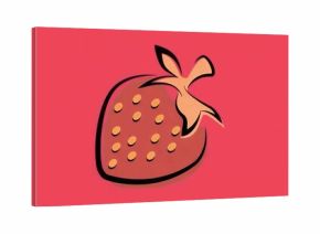 Showing stylized strawberry illustration on coral backdrop, featuring peach seeds and leaves