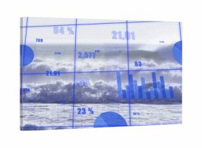 Breaking central wave with overlaid blue dashboard moving toward shore, with foamy surf