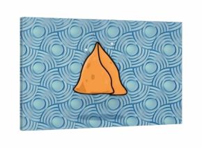 Featuring golden brown triangular pastry resting on blue pattern, with white sparkles
