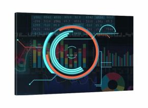 Displaying central ring HUD on dark dashboard, showing bar charts, line graphs, numeric readouts