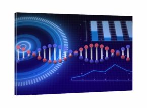 Displaying stylized DNA helix moving across dashboard, showing circular HUD, bar chart, line graph