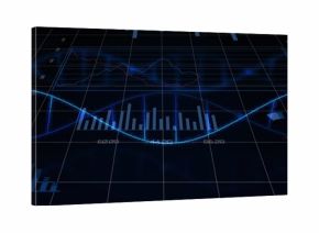 Displaying blue DNA-like helix across dark 3D grid plane, showing bar charts and numeric ticks