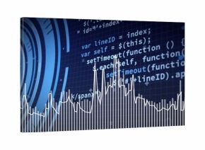 Displaying white vertical bars and jagged waveform with radar on dark blue grid and code