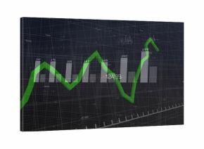 Showing green 3D-styled line chart rising across dark financial dashboard, gray bars and labels