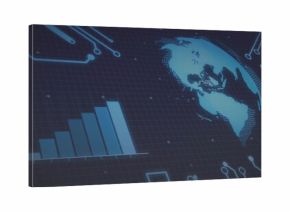 Displaying stylized globe on right in digital dashboard, linking to ascending bar chart, copy space