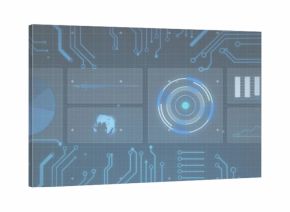 Displaying central concentric radar HUD pulsing on virtual control panel, with pie chart, bar chart