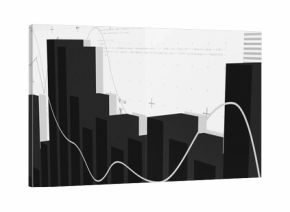 Displaying grayscale 3D bar chart centered at digital dashboard, with white line graph, grid marks