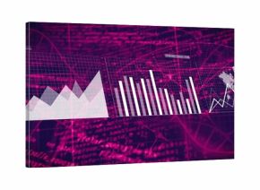 Displaying three translucent panels floating in data dashboard, with area, bar, line over world map