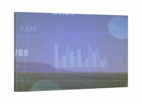 Projecting faint bar chart over grassy plain near horizon, showing pie chart, numeric labels