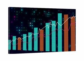 Displaying vertical bar chart on navy backdrop turquoise orange grid bars with white magenta lines