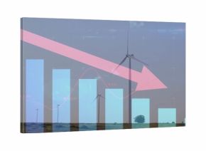 Showing translucent bar chart and pink down arrow over rural wind farm plain with turbines