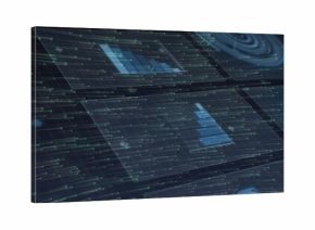 Displaying translucent data panel centered in virtual dark workspace, showing blue bar charts