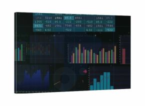 Displaying dark analytics dashboard on screen, showing cyan table, bar charts, area chart, grid
