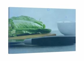 Resting romaine, chopped on wood board, black-handle knife, white bowl with clove on grey counter