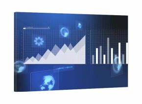 Displaying blue area or line and bar charts on digital dashboard, showing grid overlays and timestam