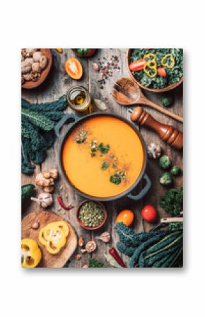 Vegan diet. Autumn harvest. Healthy, clean food and eating concept. Zero waste. Pumpkin soup with vegetarian cooking ingredients, wooden spoons, kitchen utensils on wooden background. Top view