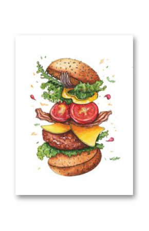 Sketch drawing of a flying burger in pieces and ingredients drawn in watercolor on paper on an isolated white background