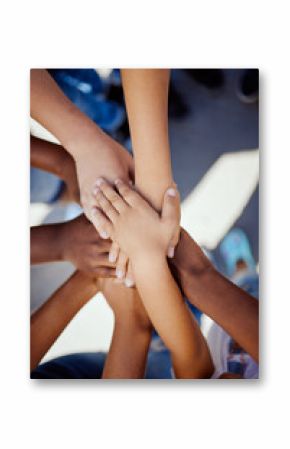 Hands, together and support, children solidarity and trust, commitment and team motivation top view. Diversity, teamwork and youth group with development, growth and kids community with connection