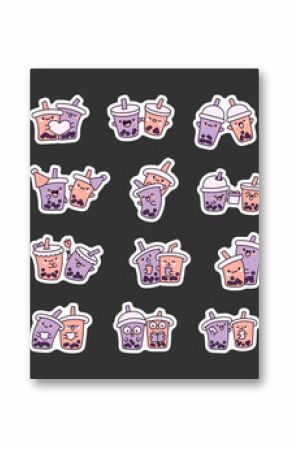 Funny couple bubble tea cartoon characters. Sticker Bookmark. Cute drink friends. Hand drawn style. Vector drawing. Collection of design elements.