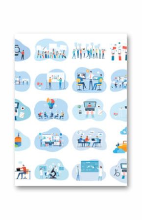 set business flat vector illustration design style concept. for graphic and web page banners. cartoon character design. team online video conference meeting. business planning. data analytics