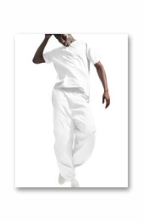 Man full body png in white outfit, transparent background