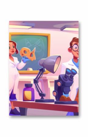 Fossil lab interior with paleontology scientists. Cartoon vector illustration of female and male archaeologist characters work with dinosaur skulls and bones. laboratory for prehistoric era explorer.