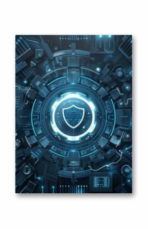 Futuristic blue cyber security concept with a shield symbol centered on a digital interface.
