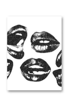 Lips and mouth in scream with monochrome photocopy effect, for grunge punk y2k collage design. Elements in stipple halftone brutalist retro design. Vector illustration for vintage music poster or bann