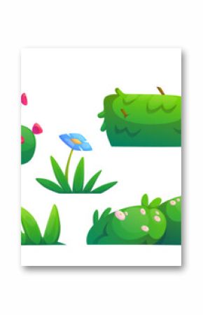 Spring grass border. Isolated plant and flower. Green field lawn for garden or forest meadow at springtime. Cute nature bush flora drawing horizontal fence. Foliage hedge decoration for environment