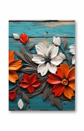 Handcrafted Floral Array on Turquoise Wooden Canvas - An Artistic Touch Generative AI