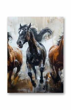 A modern painting with abstract elements, metal elements, a texture background, animals, horses, etc.