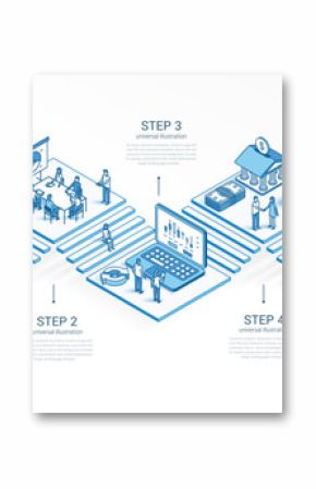 3d line isometric finance team infographic template. Bank data analysis, presentation layout. 5 option steps, process parts, growth concept. Business people team. Analytics, fintech, money icon