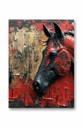 Abstract painting, metal elements, texture background, horses, animals.