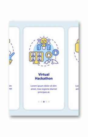 Hackathons types onboarding mobile app screen. Tech events walkthrough 5 steps editable graphic instructions with linear concepts. UI, UX, GUI template. Myriad Pro-Bold, Regular fonts used