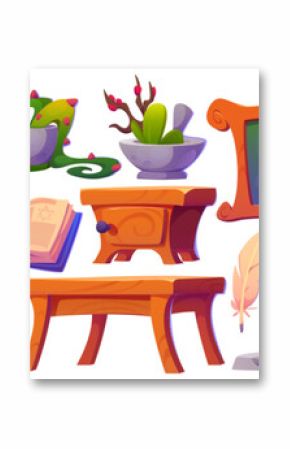Wizard magic school room with witch book, potion cartoon vector set. Fairy tale classroom interior for medieval alchemist magician desk. Desk, chair, candle and cauldron for spell and wizardry craft